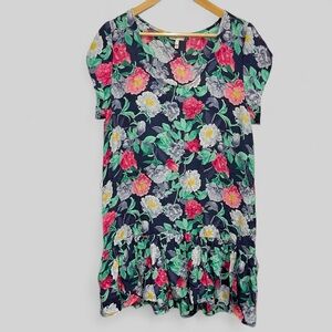 Joie Womens Floral Silk Dress Size Large Short Sleeve Navy Ruffle Cottagecore